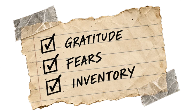 A checklist on lined paper: gratitude, fears, inventory