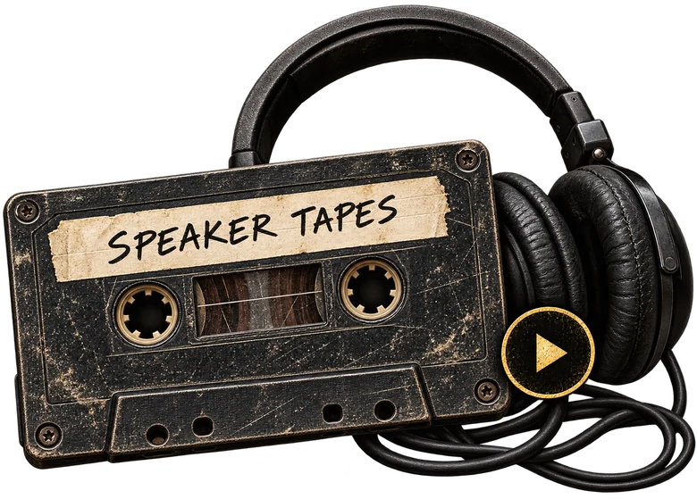 A cassette tape labeled Speaker Tapes, with headphones